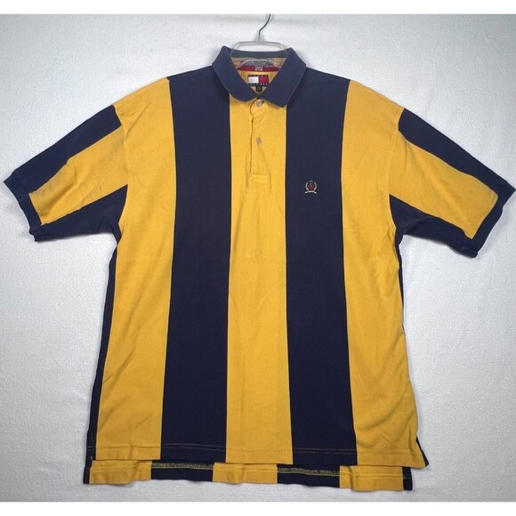 Tommy Hilfiger Polo Shirt Mens‎ XL Yellow Blue Stripe Crest Logo Short Sleeve - Picture 1 of 14